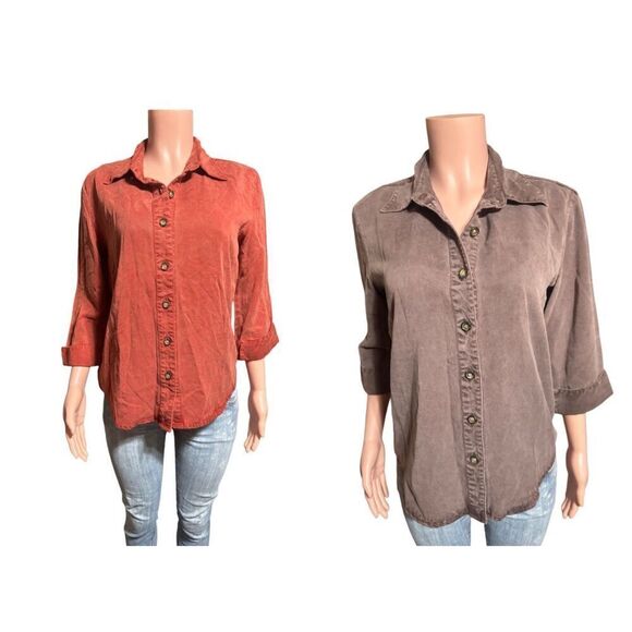 Bundle 2 Women 3/4 sleeve tencel button-down walnut and cinnamon shirts M - Picture 1 of 7